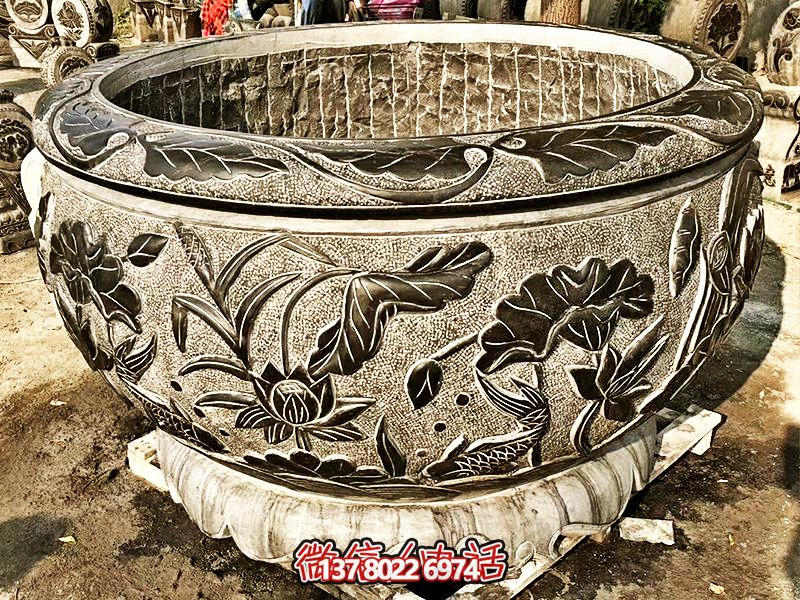 精美大理石浮雕蓮花缸，現代庭院裝飾雕塑