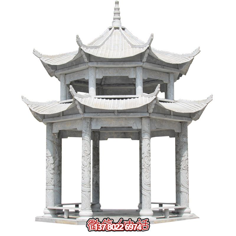 精美大理石雙層柱涼亭，雕塑點綴休息亭
