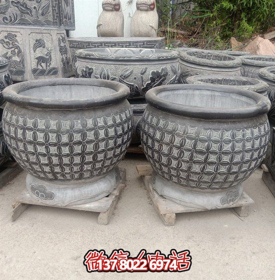自然美學結合青石石雕、浮雕、編織、雕塑的戶外園林魚缸
