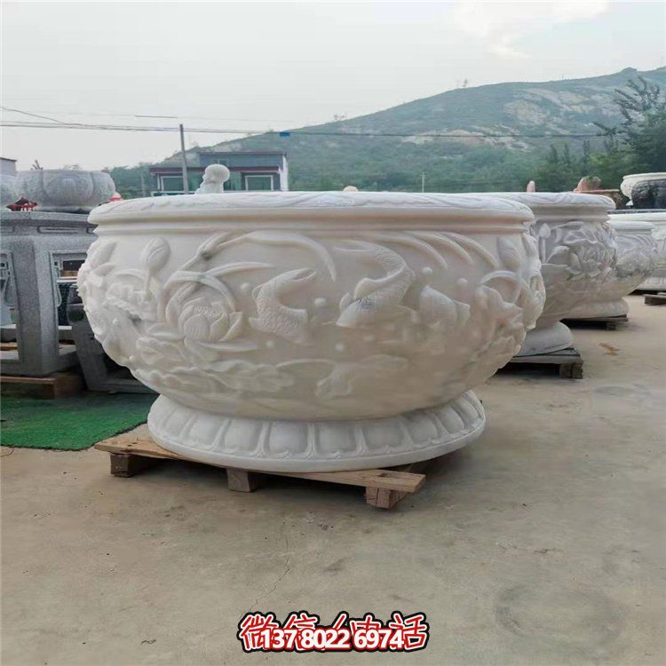 古典經典，漢白玉鯉魚雕刻圓形水缸
