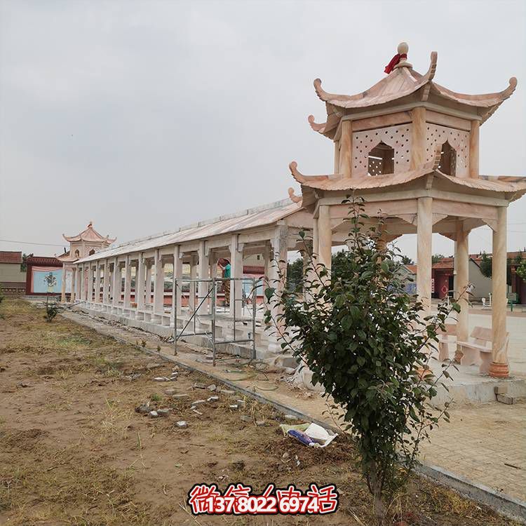 文化廣場(chǎng)擺放大理石晚霞紅長廊二層仿古石亭
