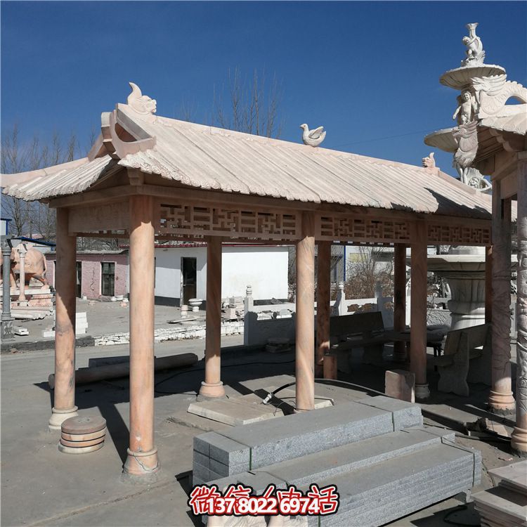 小區(qū)廣場(chǎng)長廊晚霞紅石雕休息涼亭